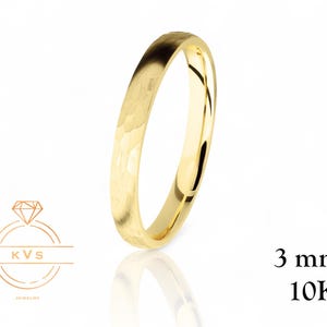 10K Yellow Gold 3mm LOW DOME Wedding Band Ring - Comfort Fit - HAMMERED Finish Solid Gold Ring -  Womens Mens Wedding Band - Free Engraving