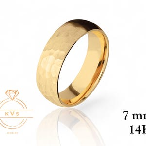 14K Yellow Gold LOW DOME 7mm Wedding Band Ring - Comfort Fit - HAMMERED - Solid Gold Ring -  Womens Mens Wedding Band - Free Engraving