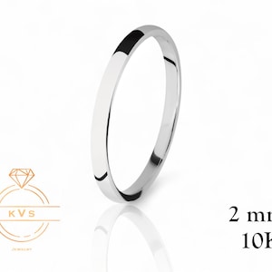 10K White Gold 2mm LOW DOME Wedding Band Ring - Comfort Fit - High Polished -Solid Gold Ring -  Womens Mens Wedding Band - Free Engraving