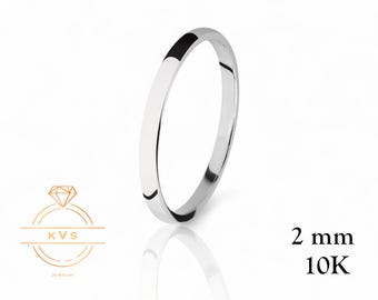 10K White Gold 2mm LOW DOME Wedding Band Ring - Comfort Fit - High Polished -Solid Gold Ring -  Womens Mens Wedding Band - Free Engraving