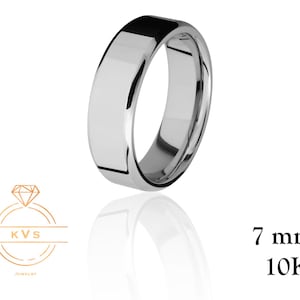 10K White Gold 7mm BEVELED EDGE Wedding Band Ring - Comfort Fit- Polished -Solid Gold Ring -  Womens Mens Wedding Band - Free Engraving