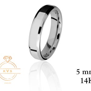 14K White Gold 5mm BEVELED EDGE Wedding Band Ring - Comfort Fit - Polished - Solid Gold Ring -  Womens Mens Wedding Band - Free Engraving