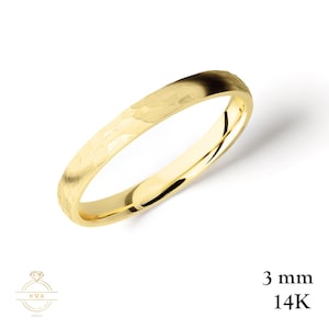 14K Yellow Gold 3mm Low DOME Wedding Band Ring HAMMERED - Comfort Fit - Solid Gold Ring -  Womens Mens Wedding Band - Free Engraving