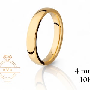 10K Yellow Gold 4mm Low Dome Wedding Band Ring - Comfort Fit - Polished -Solid Gold Ring -  Womens Mens Wedding Band - Free Engraving