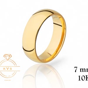 10K Yellow Gold 7mm Low Dome Wedding Band Ring - Comfort Fit - Polished -Solid Gold Ring -  Womens Mens Wedding Band - Free Engraving