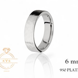 950 Platinum Ring FLAT 6mm Wedding Band Ring - Comfort Fit - HAMMERED Finish - Platinum Ring -  Womens Mens Wedding Band - Free Engraving