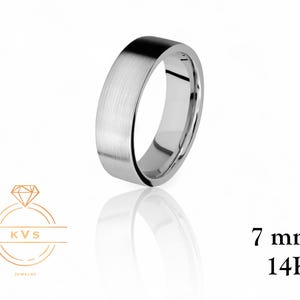 14K White Gold 7mm FLAT Wedding Band Ring - Comfort Fit - Matte Brushed Finish -Solid Gold Ring -  Womens Mens Wedding Band - Free Engraving