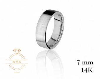 14K vitguld 7 mm platt vigselring - Comfort Fit - Matt borstad finish - Solid guldring - Dam- och herrvigselring - Gratis gravyr