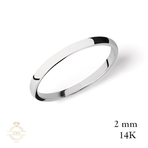 14K White Gold 2 mm DOMED Wedding Band Ring HIGH POLISHED - Comfort Fit - Solid Gold Ring -  Womens Mens Wedding Band - Free Engraving