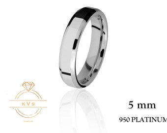 May include: A 5 mm wide platinum wedding band with a beveled edge. 950 PLATINUM.