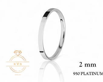 950 Platinum Ring FLAT 2mm Wedding Band Ring - Comfort Fit - Polished - Platinum Ring -  Womens Mens Wedding Band - Free Engraving