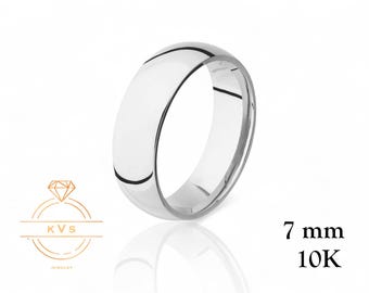 10K White Gold 7mm LOW DOME Wedding Band Ring - Comfort Fit - High Polished - Solid Gold Ring -  Womens Mens Wedding Band - Free Engraving