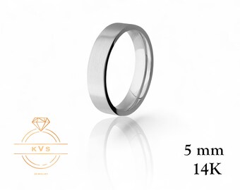 14K vitguld 5 mm platt vigselring - Comfort Fit - Matt borstad finish - Solid guldring - Dam- och herrvigselring - Gratis gravyr