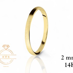 14K Yellow Gold LOW DOME 2mm Wedding Band Ring - Comfort Fit - MATTE Brushed - Solid Gold Ring -  Womens Mens Wedding Band - Free Engraving