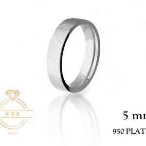 950 Platinum Ring FLAT 5mm Wedding Band Ring - Comfort Fit - HAMMERED Finish - Platinum Ring -  Womens Mens Wedding Band - Free Engraving