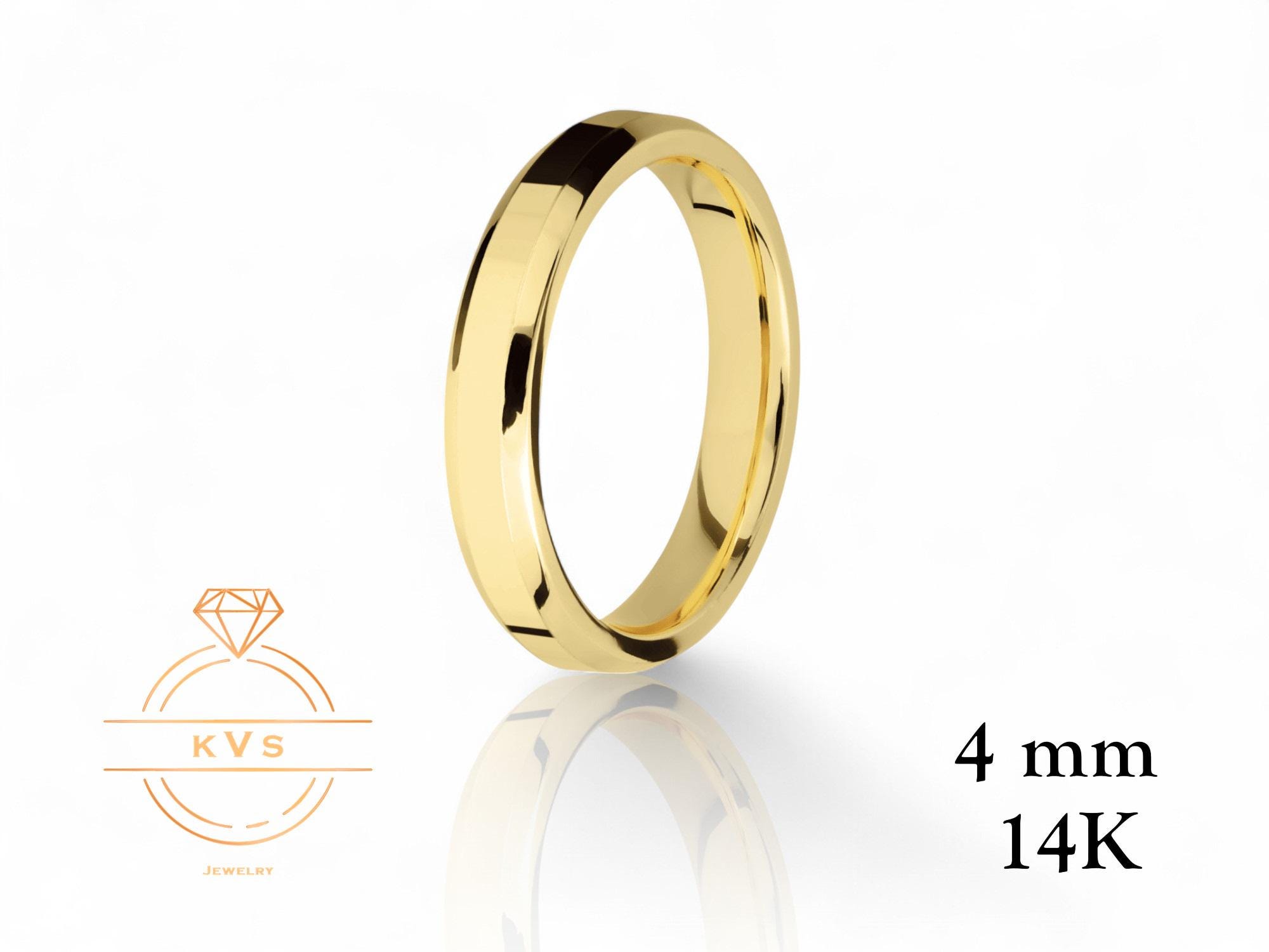 14Kイエローゴールド 4mm ベベルエッジ 結婚指輪リング - コンフォート