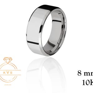 10K White Gold 8mm BEVELED EDGE Wedding Band Ring - Comfort Fit- Polished -Solid Gold Ring -  Womens Mens Wedding Band - Free Engraving