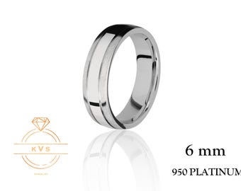 May include: A 6 mm wide platinum wedding band with a brushed finish and a polished centre stripe.