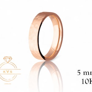 10K Pink Gold 5mm FLAT Wedding Band Ring - Comfort Fit - Hammered -Solid Gold Ring -  Womens Mens Wedding Band - Free Engraving