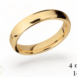 14K Yellow Gold 4 mm BEVELED EDGE Wedding Band Ring MATTE Brushed - Comfort Fit - Solid Gold Ring  Womens Mens Wedding Band - Free Engraving