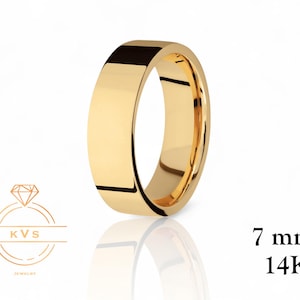 14K Yellow Gold 7mm FLAT Wedding Band Ring - Comfort Fit - HIGH POLISHED - Solid Gold Ring -  Womens Mens Wedding Band - Free Engraving