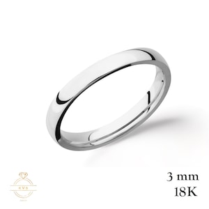 18K White Gold 3 mm Low Dome Wedding Band Ring - Polished Comfort Fit - Solid Gold Ring -  Womens Mens Wedding Band - Free Engraving