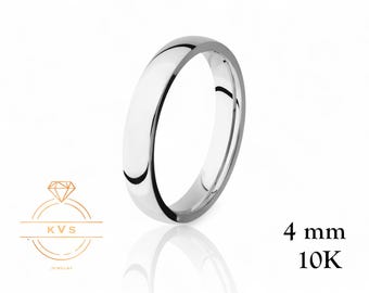 10K White Gold 4mm LOW DOME Wedding Band Ring - Comfort Fit - High Polished -Solid Gold Ring -  Womens Mens Wedding Band - Free Engraving