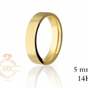 14K Yellow Gold 5mm FLAT Wedding Band Ring - Comfort Fit - MATTE Brushed Finish Solid Gold Ring -  Womens Mens Wedding Band - Free Engraving