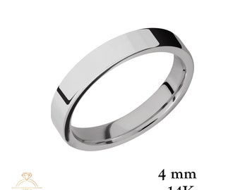 14K White Gold 4mm FLAT Wedding Band Ring High Polished - Comfort Fit - Solid Gold Ring - Womens Mens Wedding Band - Free Engraving