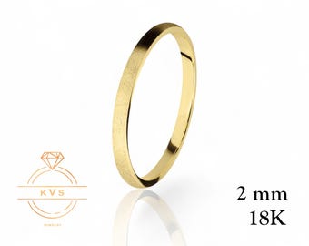18K Yellow Gold Low Dome 2mm Wedding Band Ring - Comfort Fit - ICE MATTE - Solid Gold Ring -  Womens Mens Wedding Band - Free Engraving