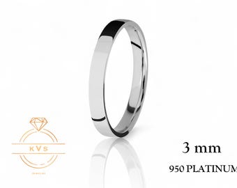 May include: A polished platinum ring, 3 mm wide, is displayed against a white background. The ring reflects light, showcasing its smooth, rounded surface. The text "3 mm" and "950 PLATINUM" are visible. A jewelry logo is in the lower left corner.