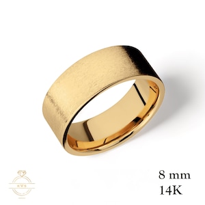 14K Yellow Gold 8mm FLAT Wedding Band Ring MATTE Brushed - Comfort Fit - Solid Gold Ring - Womens Mens Wedding Band - Free Engraving