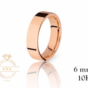 10K Pink Gold 6mm FLAT Wedding Band Ring - Comfort Fit - High Polished -Solid Gold Ring -  Womens Mens Wedding Band - Free Engraving