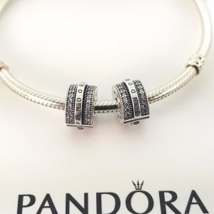 New Sterling Silver Sparkling Pavé Lines & Logo Clip Charm For Pandora Bracelet # 799042C01 x 2 pcs w/Box