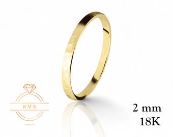 18K Yellow Gold Low Dome 2mm Wedding Band Ring - Comfort Fit - HAMMERED Finish Solid Gold Ring -  Womens Mens Wedding Band - Free Engraving