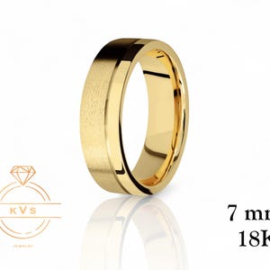 18K Yellow Gold FLAT Off Center 7mm Wedding Band Ring - Comfort Fit - SATIN - Solid Gold Ring -  Womens Mens Wedding Band - Free Engraving