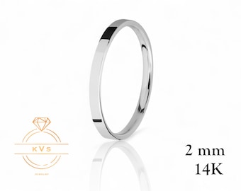 14K Weißgold 2 mm flacher Ehering - Comfort Fit - polierte Oberfläche - Massivgoldring - Damen Herren Ehering - Kostenlose Gravur