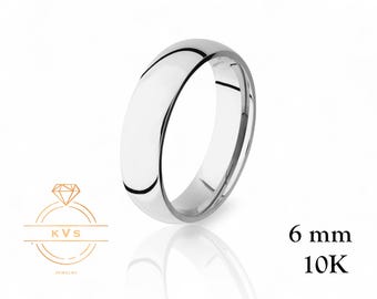 10K White Gold 6mm LOW DOME Wedding Band Ring - Comfort Fit - High Polished -Solid Gold Ring -  Womens Mens Wedding Band - Free Engraving