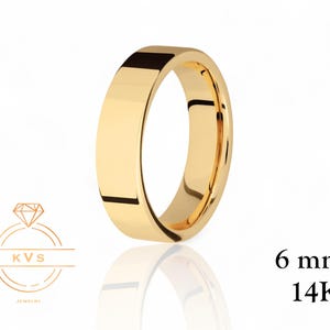 14K Yellow Gold 6mm FLAT Wedding Band Ring - Comfort Fit - HIGH POLISHED - Solid Gold Ring -  Womens Mens Wedding Band - Free Engraving