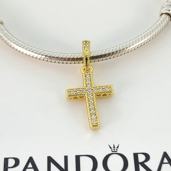 Neue Sterling Silber 14K Vergoldet Funkelnde Kreuz Anhänger Charme Für Pandora Armband # 359521C01 w / Box