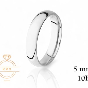 10K White Gold 5mm LOW DOME Wedding Band Ring - Comfort Fit - High Polished -Solid Gold Ring -  Womens Mens Wedding Band - Free Engraving