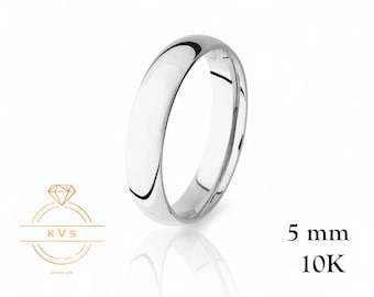 10K White Gold 5mm LOW DOME Wedding Band Ring - Comfort Fit - High Polished -Solid Gold Ring -  Womens Mens Wedding Band - Free Engraving