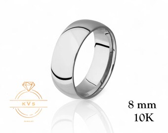 10K White Gold 8mm LOW DOME Wedding Band Ring - Comfort Fit - High Polished - Solid Gold Ring -  Womens Mens Wedding Band - Free Engraving