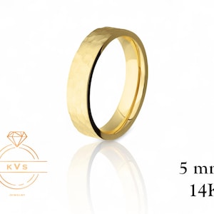 14K Yellow Gold 5mm FLAT Wedding Band Ring - Comfort Fit - HAMMERED Finish - Solid Gold Ring -  Womens Mens Wedding Band - Free Engraving