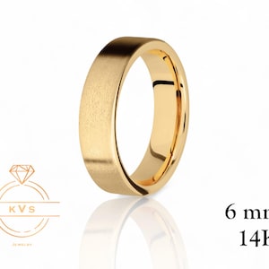 14K Yellow Gold 6mm FLAT Wedding Band Ring - Comfort Fit - MATTE Brushed Finish Solid Gold Ring -  Womens Mens Wedding Band - Free Engraving