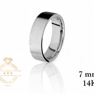 14K White Gold 7mm FLAT Wedding Band Ring - Comfort Fit - ICE MATTE Finish -Solid Gold Ring -  Womens Mens Wedding Band - Free Engraving
