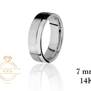 14K White Gold 7mm FLAT Center Off Wedding Band Ring - Comfort Fit - Matte Brushed Solid Gold Ring - Womens Mens Wedding Band Free Engraving