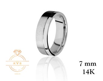 14K vitguld 7 mm platt vigselring med mittavskärning - Comfort Fit - Matt borstad massiv guldring - Dam- och herrvigselring Gratis gravyr