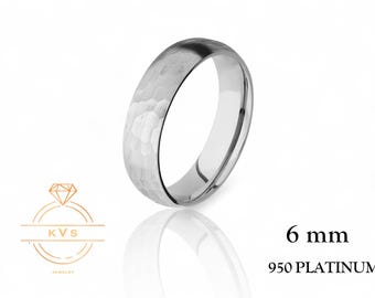 Solid 950 Platinum Low Dome 6mm Wedding Band Ring - Comfort Fit - HAMMERED - Platinum Ring -  Womens Mens Wedding Band - Free Engraving