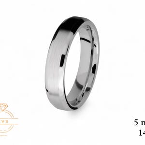 14K White Gold 5mm BEVELED EDGE Wedding Band Ring - Comfort Fit - Matte Brushed Solid Gold Ring -  Womens Mens Wedding Band - Free Engraving